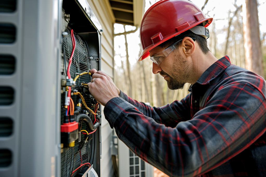 Technik w czerwonym kasku i okularach ochronnych przeprowadza przegląd techniczny pompy ciepła na zewnątrz domu, sprawdzając połączenia i komponenty wewnątrz urządzenia.